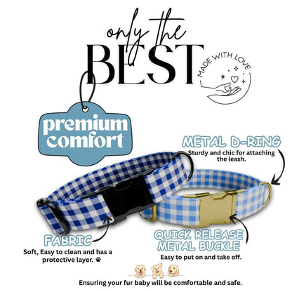 Personalized Blue Plaid Dog Collar with Name Engraved Durable Metal Buckle & D-Ring Cute Tag Classic Plaid Pattern Collar For Dogs (OG-271)