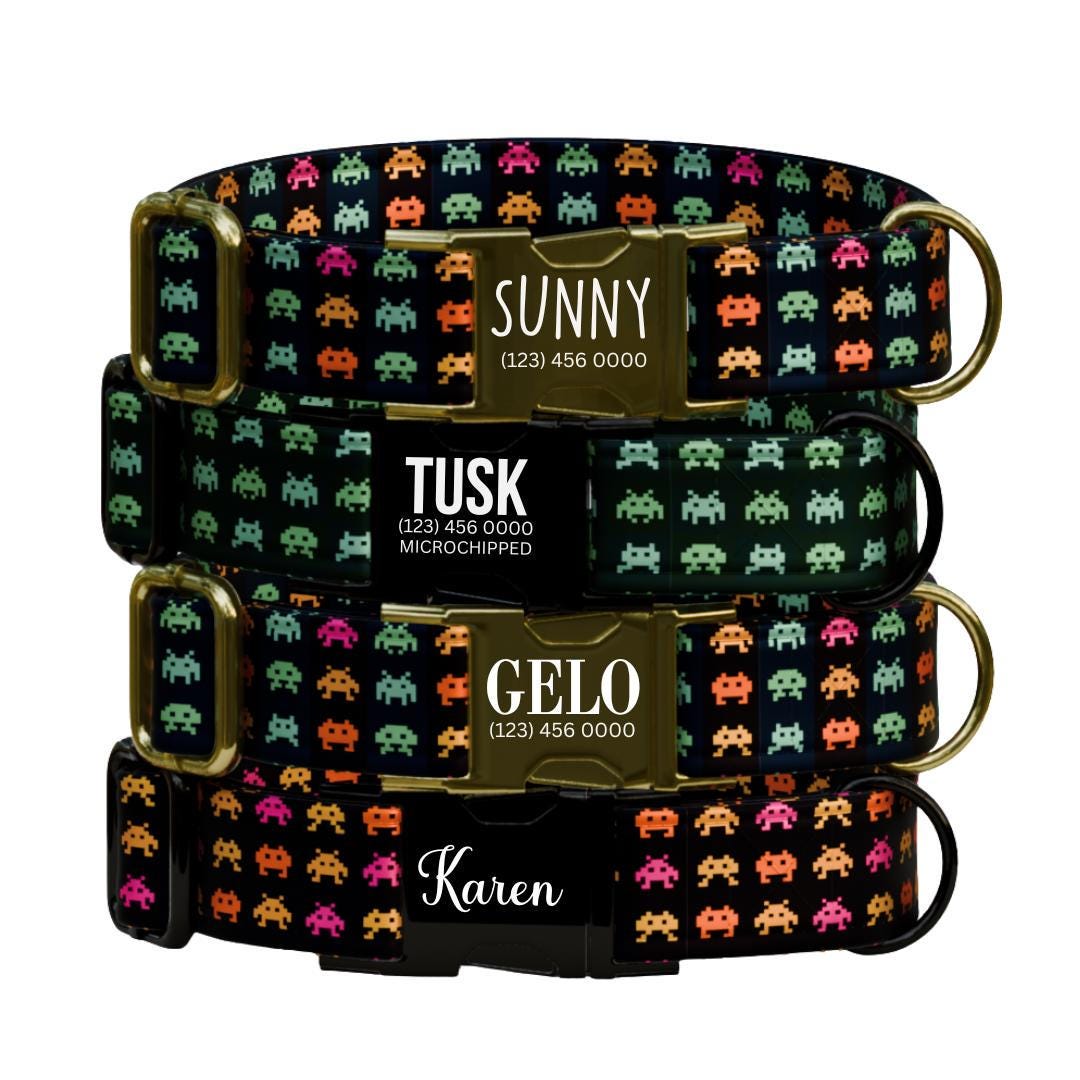 Personalized Space Paws Dog Collar Custom Name Tag Fun Retro Alien Print Adjustable Dog Collar Retro Style Dog Collar Gift for Dogs (OG-247)