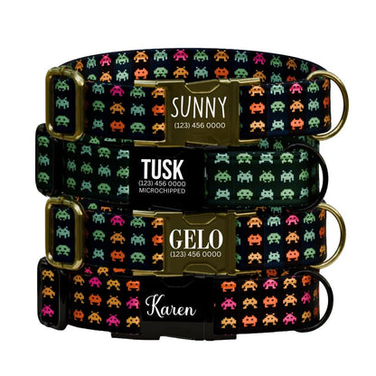 Personalized Space Paws Dog Collar Custom Name Tag Fun Retro Alien Print Adjustable Dog Collar Retro Style Dog Collar Gift for Dogs (OG-247)