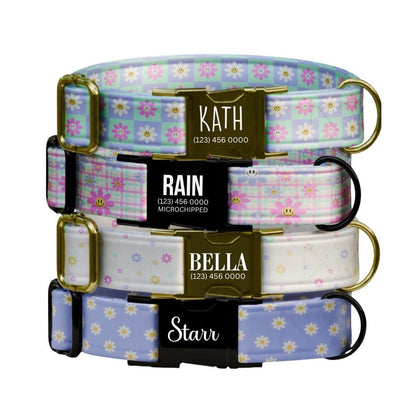 Personalized Pastel Floral Dog Collar for Girls with Name Engraved Cute Flower Name ID Adjustable Collar & Leash Set Gift for Dog (OG-263)