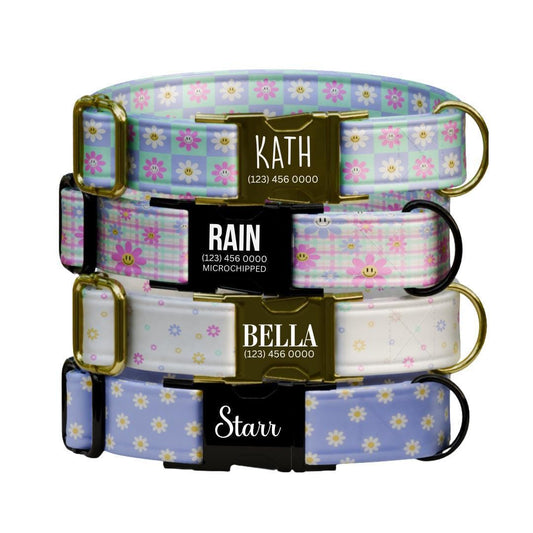 Personalized Pastel Floral Dog Collar for Girls with Name Engraved Cute Flower Name ID Adjustable Collar & Leash Set Gift for Dog (OG-263)