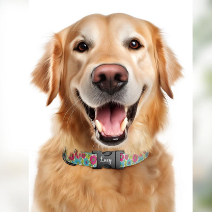 Personalized Floral Dog Collar for Girls with Name Engraved Cute Bright Flower Name ID Adjustable Collar & Leash Set Gift for Dog (OG-261)