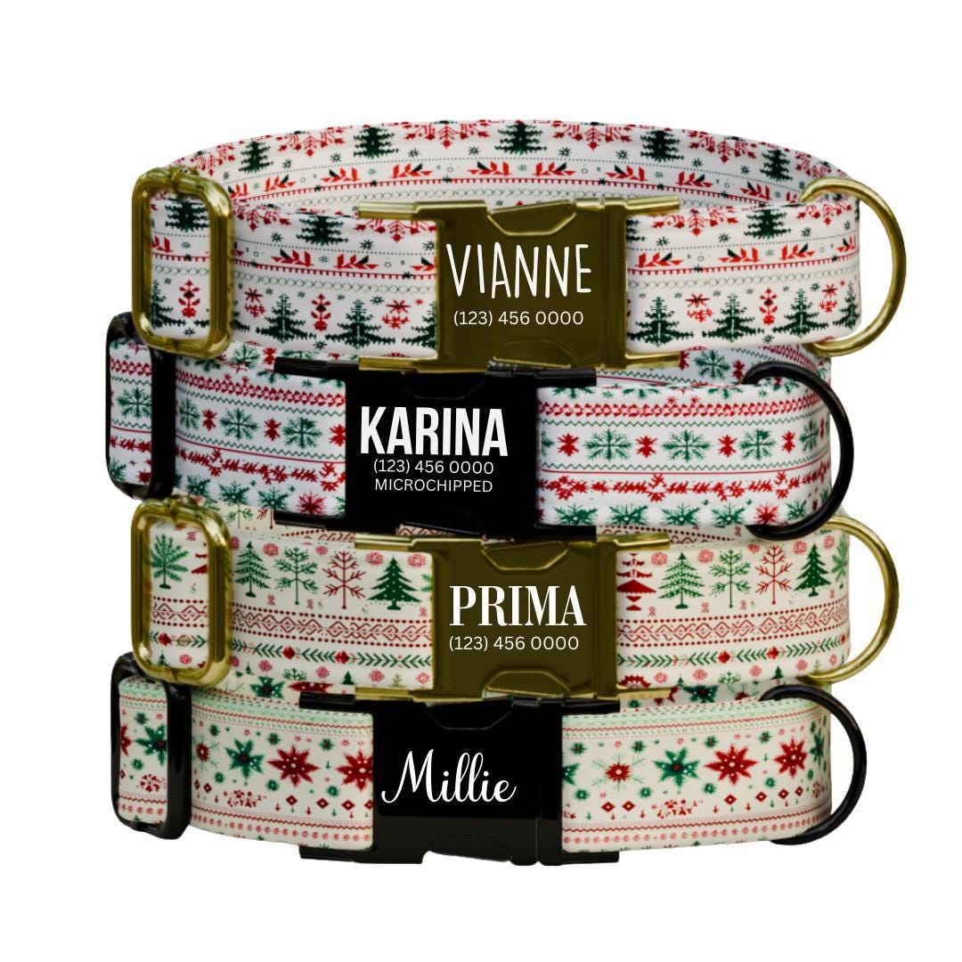 Personalized Christmas Dog Collar with Name Engraved Custom Holiday Name Tag Adjustable Collar & Leash Set Festive Winter Dog Leash (OG-225)