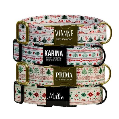 Personalized Christmas Dog Collar with Name Engraved Custom Holiday Name Tag Adjustable Collar & Leash Set Festive Winter Dog Leash (OG-225)