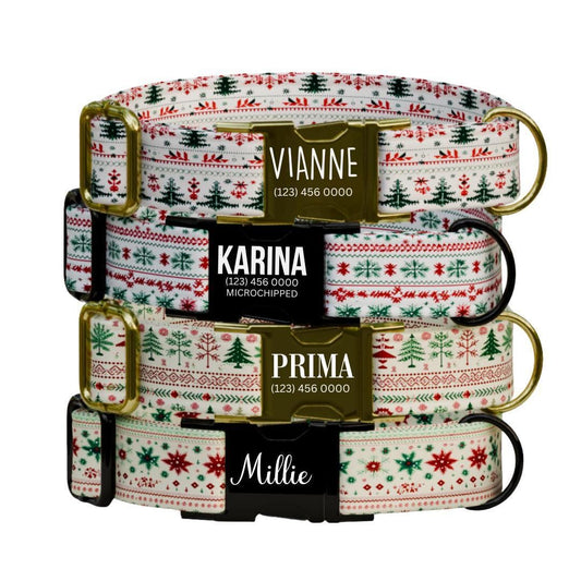 Personalized Christmas Dog Collar with Name Engraved Custom Holiday Name Tag Adjustable Collar & Leash Set Festive Winter Dog Leash (OG-225)