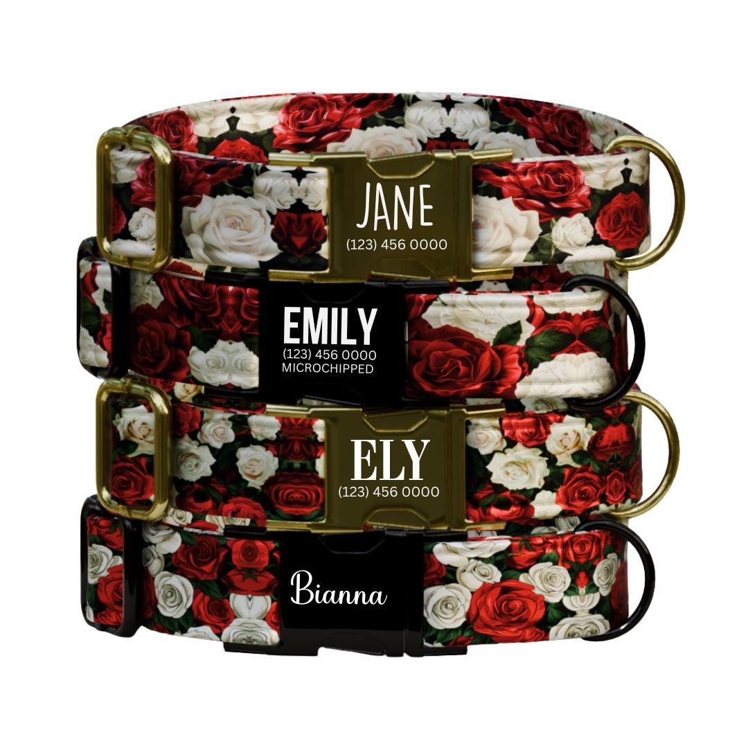 Personalized Rose Dog Collar for Girls with Name Engraved Cute Elegant Floral Print Tag Collar Dogs Adjustable Collar & Leash Set (OG-274)