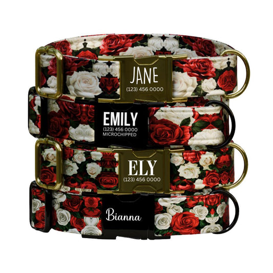 Personalized Rose Dog Collar for Girls with Name Engraved Cute Elegant Floral Print Tag Collar Dogs Adjustable Collar & Leash Set (OG-274)