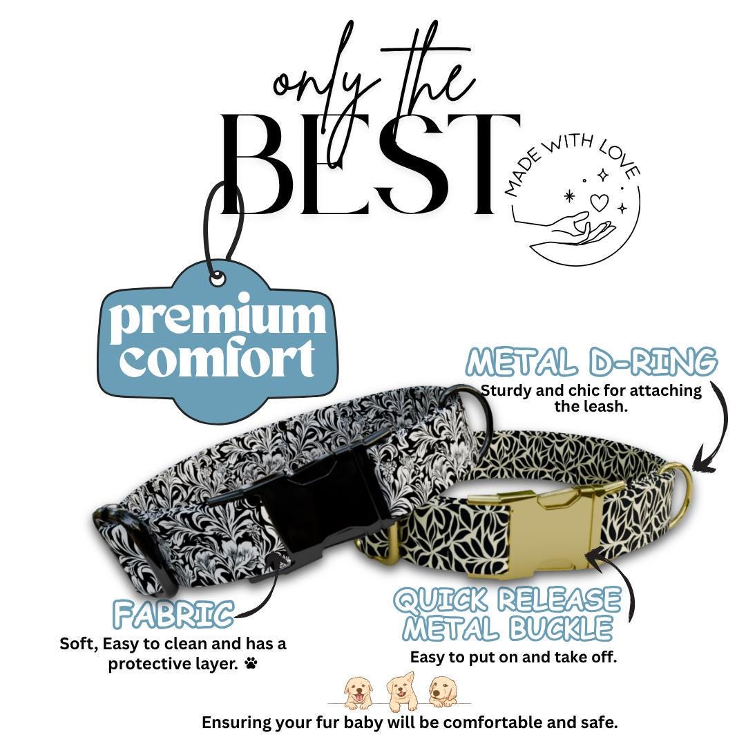 Personalized Black & White Floral Dog Collar with Name Engraved Cute Flower Name Dog ID Adjustable Collar, Leash Set Gift for Dog (OG-207)