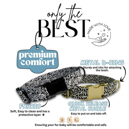 Personalized Black & White Floral Dog Collar with Name Engraved Cute Flower Name Dog ID Adjustable Collar, Leash Set Gift for Dog (OG-207)