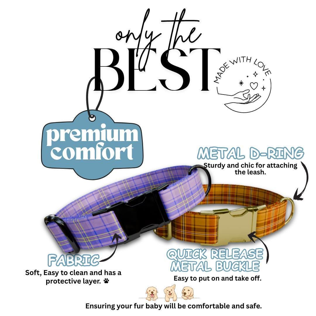 Personalized Plaid Dog Collar with Name Engraved Custom Adjustable Collar Plaid  Dog Collar & Leash Set Plaid Collar Gift for Dogs (OG-213)