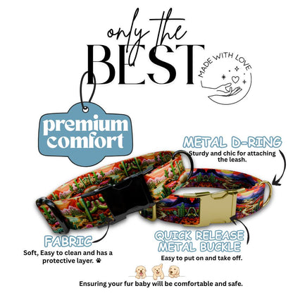 Personalized Desert Vibe Dog Collar with Name Engraved Custom Adjustable Collar Colorful Cactus Dog Collar & Leash Set Gift for Dog (OG-205)