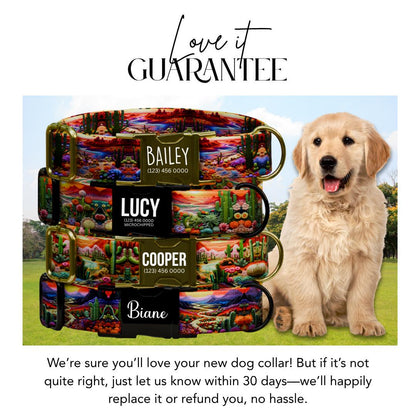 Personalized Desert Vibe Dog Collar with Name Engraved Custom Adjustable Collar Colorful Cactus Dog Collar & Leash Set Gift for Dog (OG-205)
