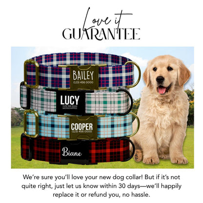 Personalized Plaid Dog Collar with Name Engraved Custom Pet Name ID Collar for Pets Collar & Leash Set Cozy Plaid Check Dog Collar (OG-179)