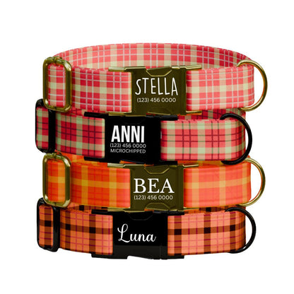 Personalized Pink Plaid Dog Collar with Name Engraved Custom Pet Name ID Collar for Pets Collar & Leash Set Plaid Pink Dog Collar (OG-183)