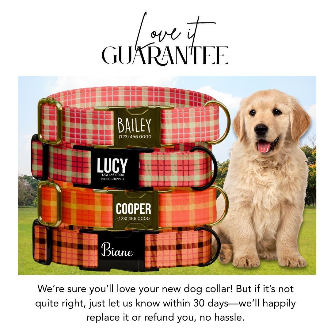 Personalized Pink Plaid Dog Collar with Name Engraved Custom Pet Name ID Collar for Pets Collar & Leash Set Plaid Pink Dog Collar (OG-183)