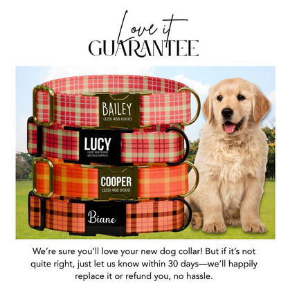 Personalized Pink Plaid Dog Collar with Name Engraved Custom Pet Name ID Collar for Pets Collar & Leash Set Plaid Pink Dog Collar (OG-183)