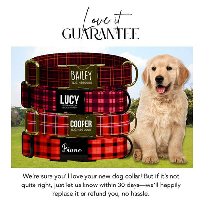 Personalized Plaid Dog Collar with Name Engraved Custom Pet Name ID Collar for Pets Collar & Leash Set Cozy Plaid Check Dog Collar (OG-186)