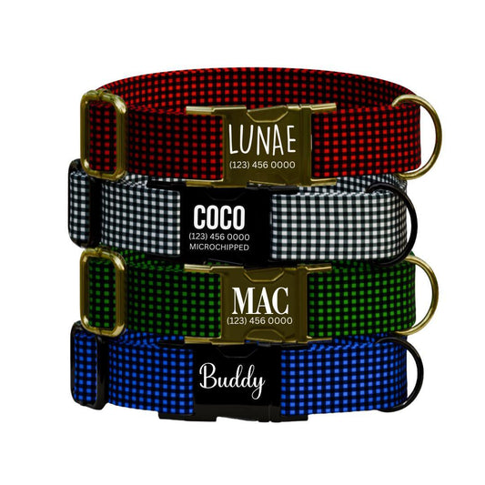 Personalized Checkered Dog Collar with Name Engraved Custom Pet Name ID Collar for Dog Checkered Collar & Leash Set Puppy Gift Idea (OG-182)