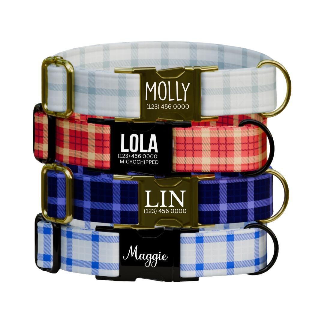 Personalized Plaid Dog Collar with Name Engraved Custom Pet Name ID Collar for Pets Collar & Leash Set Cozy Winter Check Dog Collar (OG-177)