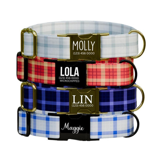 Personalized Plaid Dog Collar with Name Engraved Custom Pet Name ID Collar for Pets Collar & Leash Set Cozy Winter Check Dog Collar (OG-177)