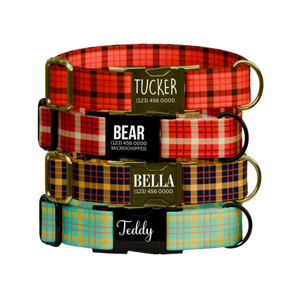 Personalized Plaid Dog Collar with Name Engraved Custom Pet Name ID Collar for Pets Collar & Leash Set Cozy Winter Check Dog Collar (OG-175)