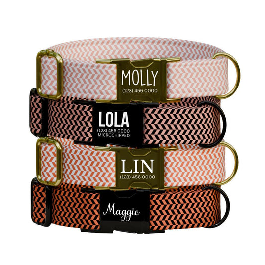 Personalized Herringbone Dog Collar with Name Engraved Custom Pet Name ID Collar Secure Collar & Leash Set Dog Name Tag Gift Idea (OG-184)