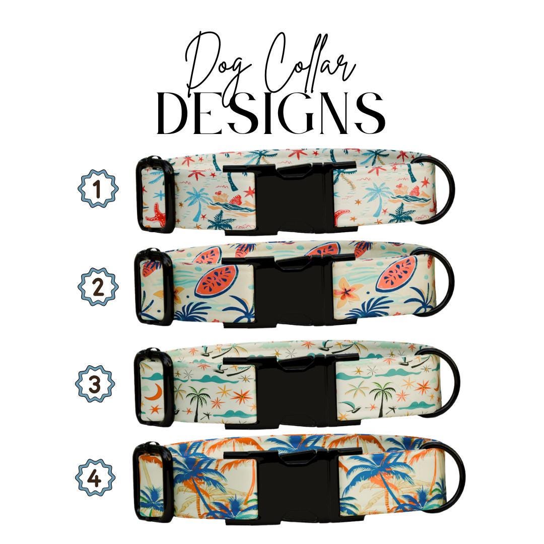 Personalized Tropical Dog Collar with Name Engraved Custom Tag for Dog Collar & Leash Set Cute Beach Dog Collar Gift for Dog Lover (OG-160)