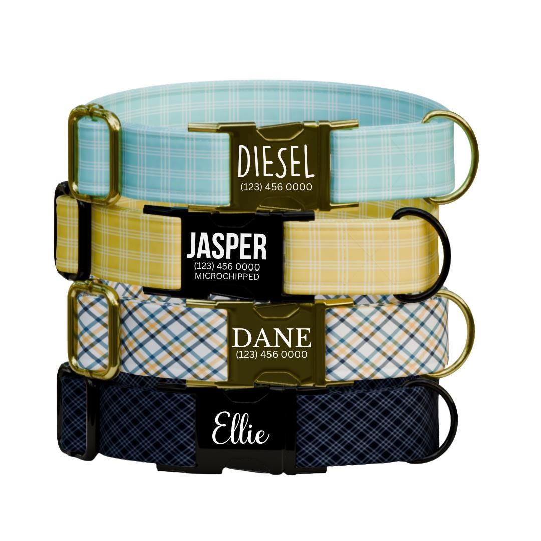 Personalized Plaid Dog Collar with Name Engraved Custom Tag Collar for Pets Collar & Leash Set Plaid Dog Collar Gift for Dog Lovers (OG-157)