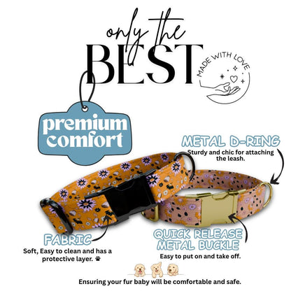Personalized Floral Dog Collar with Name Engraved Cute and Soft Floral Adjustable Collar & Leash Set Black or Gold Buckle Dog Gift (OG-150)