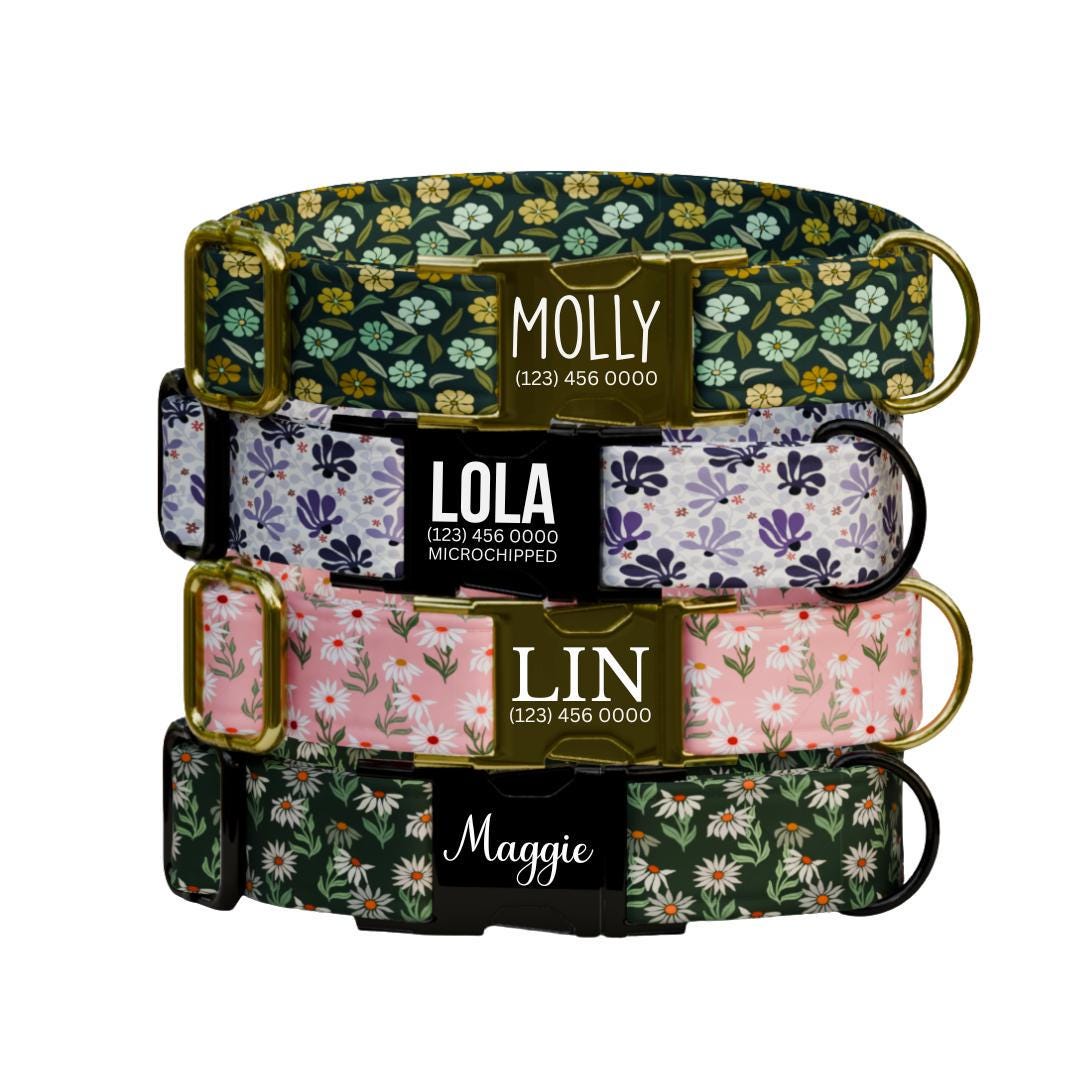 Personalized Floral Dog Collar with Name Engraved Cute and Soft Floral Adjustable Collar & Leash Set Stylish Flower Print Dog Gift (OG-165)