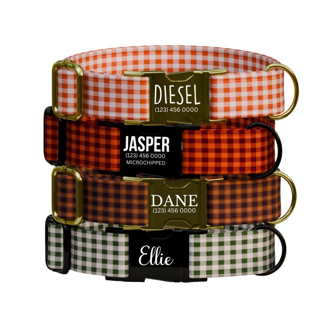 Personalized Gingham Dog Collar with Name Engraved Custom Tag Collar for Pets Collar & Leash Set Stylish Checkered Dog Collar Gift (OG-166)