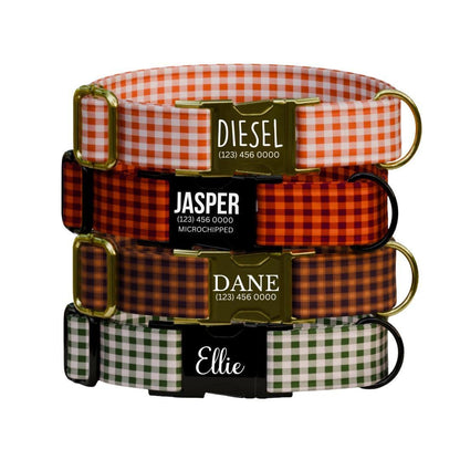 Personalized Gingham Dog Collar with Name Engraved Custom Tag Collar for Pets Collar & Leash Set Stylish Checkered Dog Collar Gift (OG-166)