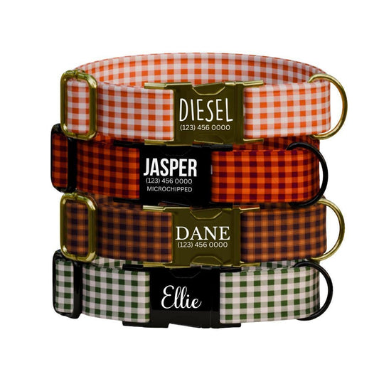 Personalized Gingham Dog Collar with Name Engraved Custom Tag Collar for Pets Collar & Leash Set Stylish Checkered Dog Collar Gift (OG-166)