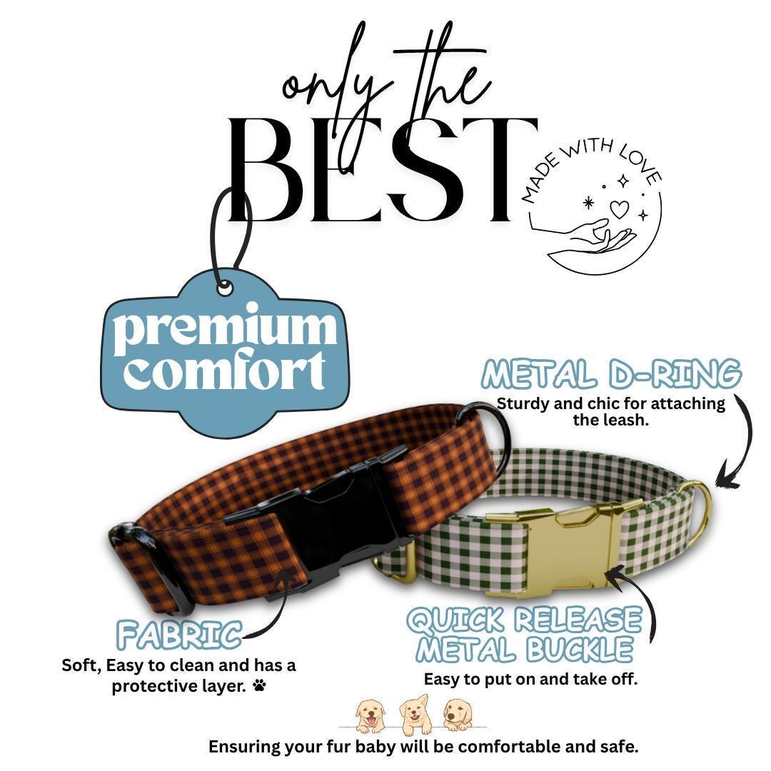 Personalized Gingham Dog Collar with Name Engraved Custom Tag Collar for Pets Collar & Leash Set Stylish Checkered Dog Collar Gift (OG-166)