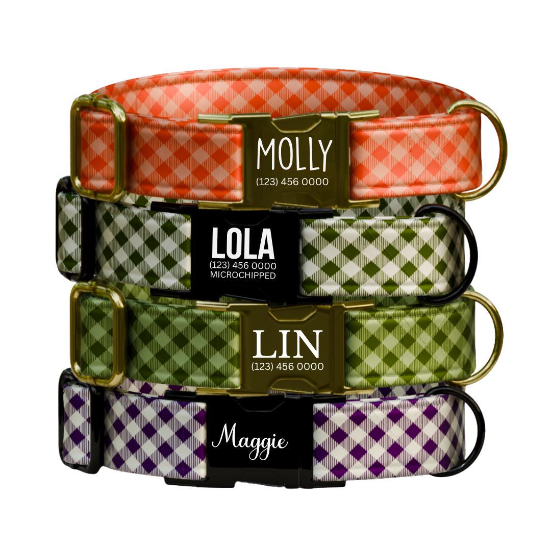 Personalized Gingham Dog Collar with Name Engraved Custom Tag Collar for Pets Collar & Leash Set Stylish Gingham Dog Collar Gift (OG-295)