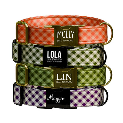 Personalized Gingham Dog Collar with Name Engraved Custom Tag Collar for Pets Collar & Leash Set Stylish Gingham Dog Collar Gift (OG-295)