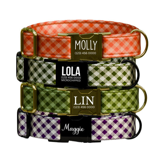 Personalized Gingham Dog Collar with Name Engraved Custom Tag Collar for Pets Collar & Leash Set Stylish Gingham Dog Collar Gift (OG-295)