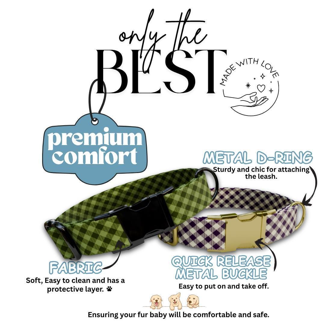 Personalized Gingham Dog Collar with Name Engraved Custom Tag Collar for Pets Collar & Leash Set Stylish Gingham Dog Collar Gift (OG-295)