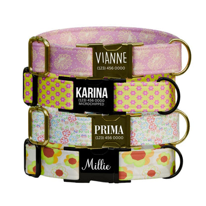 Personalized Floral Dog Collar with Name Engraved Cute and Soft Floral Adjustable Collar & Leash Set Stylish Flower Print Dog Gift (OG-194)