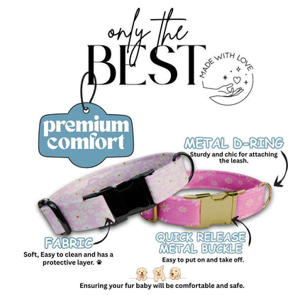 Personalized Pink Floral Dog Collar with Name Engraved Cute and Soft Floral Adjustable Collar & Leash Set Stylish Flower Dog Gift (OG-193)