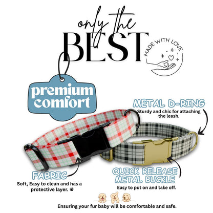 Personalized Plaid Dog Collar with Name Engraved Custom Pet Name ID Collar for Pets Collar & Leash Set Cozy Winter Check Dog Collar (OG-173)