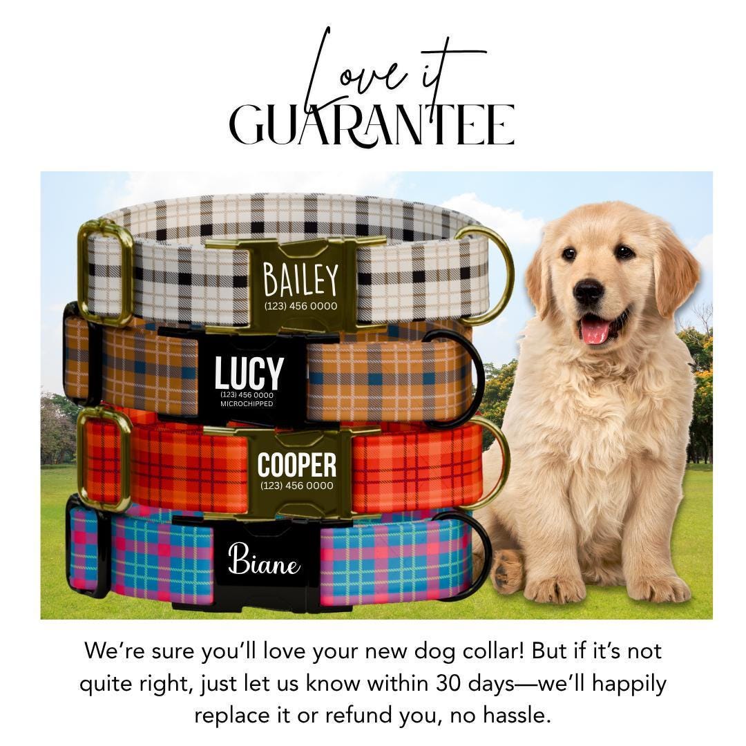Personalized Plaid Dog Collar with Name Engraved Custom Pet Name ID Collar for Pets Collar & Leash Set Cozy Winter Check Dog Collar (OG-174)