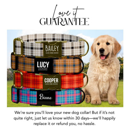 Personalized Plaid Dog Collar with Name Engraved Custom Pet Name ID Collar for Pets Collar & Leash Set Cozy Winter Check Dog Collar (OG-174)