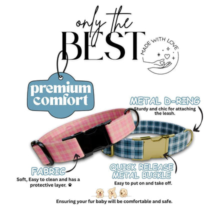 Personalized Gingham Dog Collar with Name Engraved Custom Tag Collar for Pets Collar & Leash Set Stylish Checkered Dog Collar Gift (OG-171)