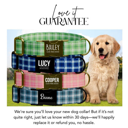 Personalized Gingham Dog Collar with Name Engraved Custom Tag Collar for Pets Collar & Leash Set Stylish Checkered Dog Collar Gift (OG-171)