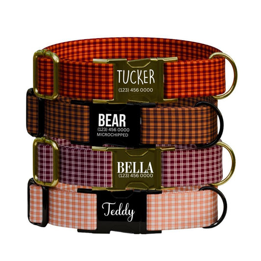 Personalized Autumn Plaid Dog Collar with Name Engraved Custom Tag Collar for Pets Collar & Leash Set Dog Collar Gift for Dog Lover (OG-167)