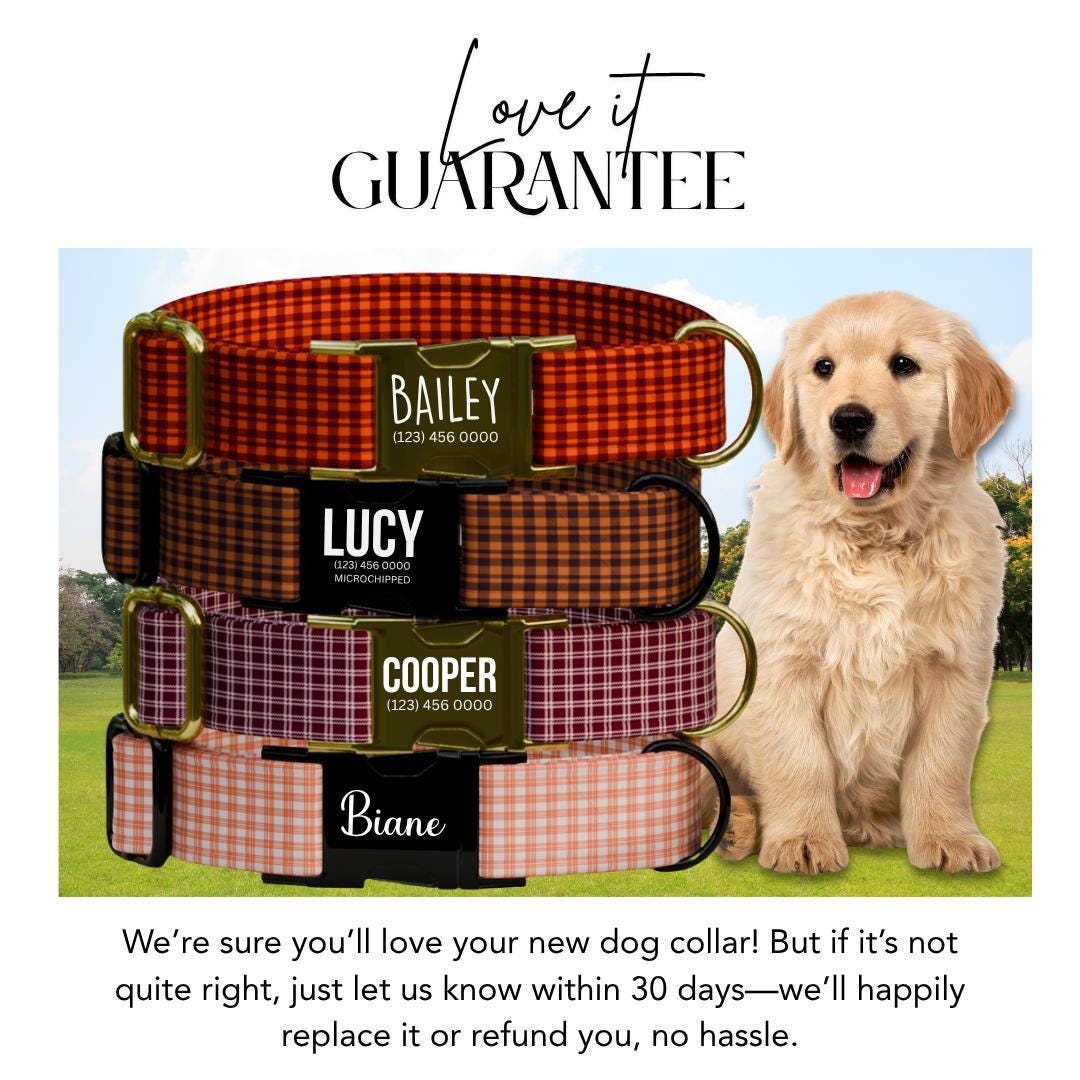 Personalized Autumn Plaid Dog Collar with Name Engraved Custom Tag Collar for Pets Collar & Leash Set Dog Collar Gift for Dog Lover (OG-167)