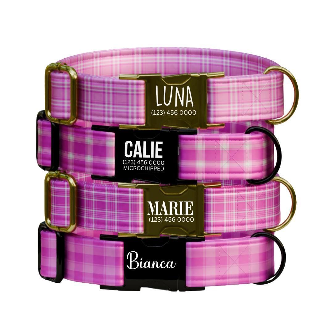 Personalized Pretty in Pink Plaid Dog Collar Custom Name Tag Pink Plaid Dog Collar with Metal Buckle & Adjustable Fit Dog ID Tag (OG-293)