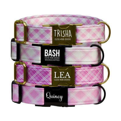 Personalized Pretty in Pink Plaid Dog Collar Custom Name Tag Pink Plaid Dog Collar with Metal Buckle & Adjustable Fit Dog ID Tag (OG-294)