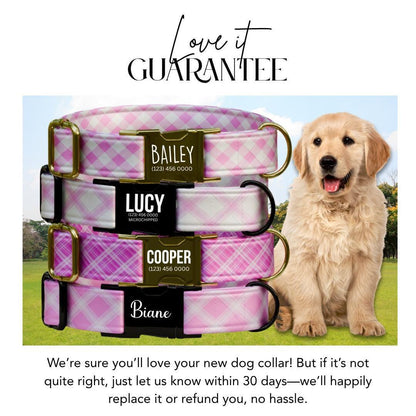 Personalized Pretty in Pink Plaid Dog Collar Custom Name Tag Pink Plaid Dog Collar with Metal Buckle & Adjustable Fit Dog ID Tag (OG-294)